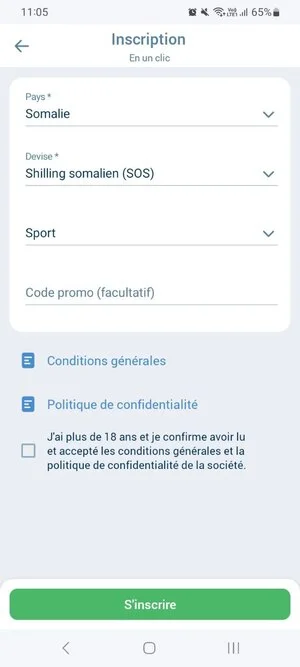 Formulaire d'inscription 1xBet Somalie